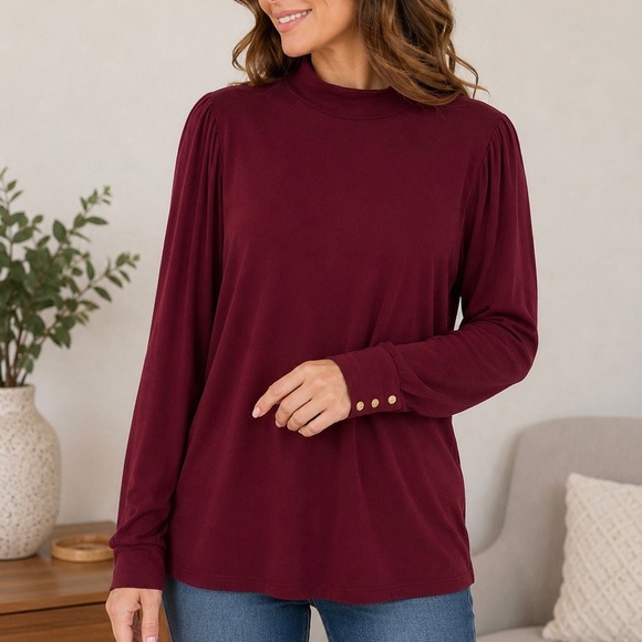 Draper James Tops - Draper James Burgundy Mock Neck Blouse L Long Sleeve Knit Top Gold Button Cuffs